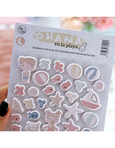 Ohana en la playa Puffy stickers | Alúa Cid design